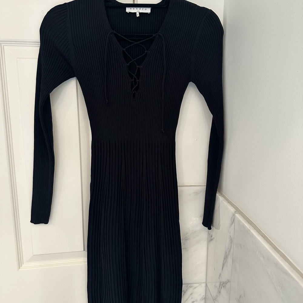 Sandro Black Ribbed Knit Dress with Lacing Detail - Picture 6 of 7